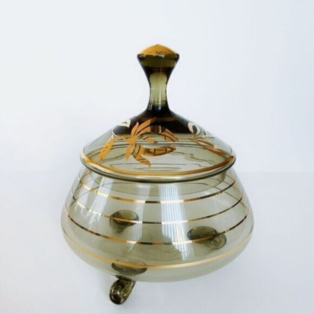 Vintage Smokey Gray Glass Romanian Bohemia Crystal Lidded Dish Compote​​​